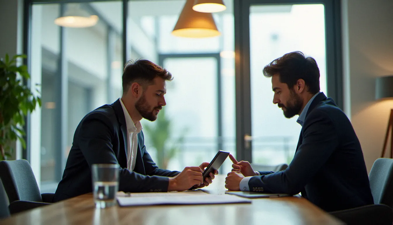 Conseiller bancaire et client comparant des offres d'assurance habitation dans une agence Crédit Mutuel lumineuse