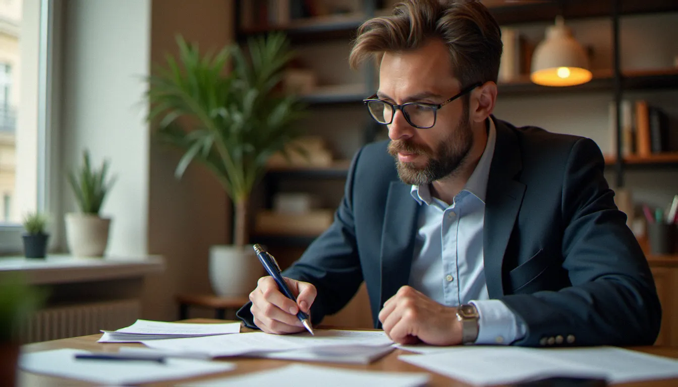 Courtier en assurances examinant des documents relatifs aux assurances Crédit Mutuel dans un bureau parisien moderne