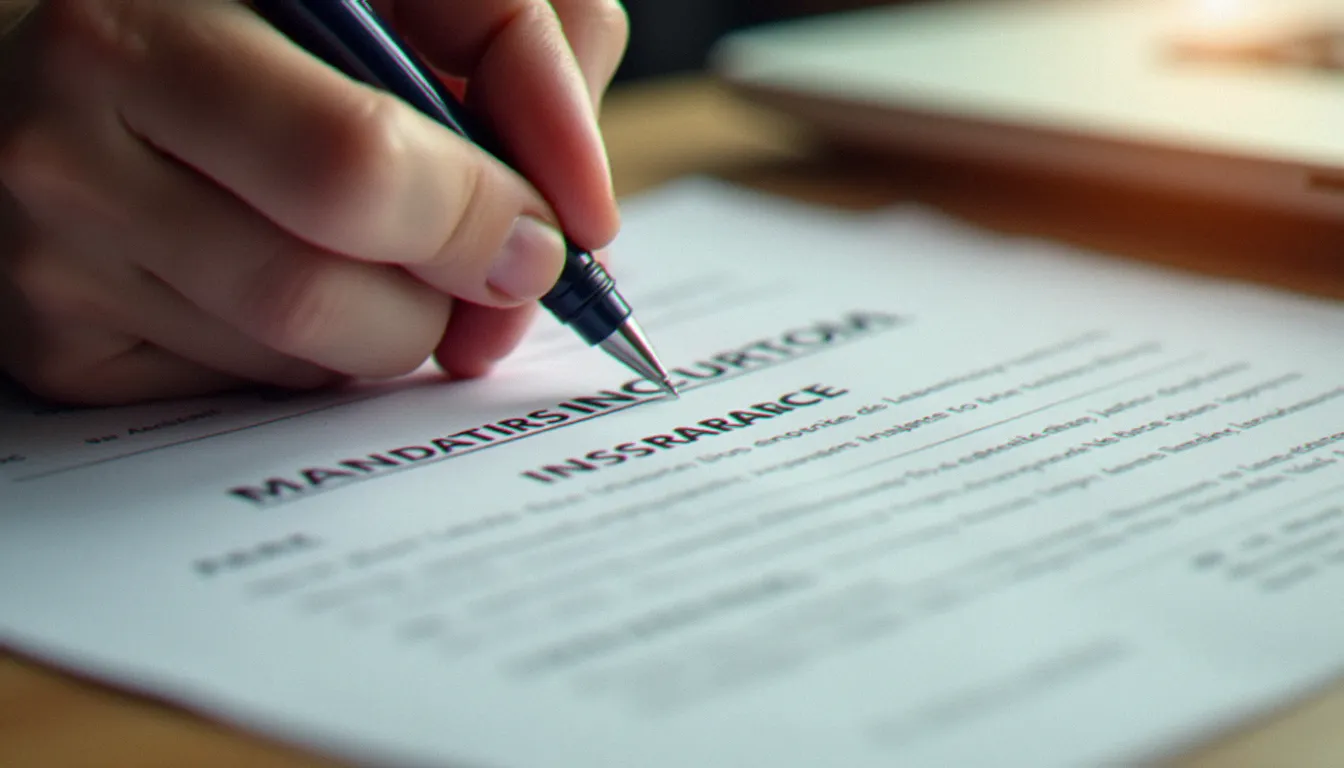 Signature d'un contrat d'assurance obligatoire en France, formulaire administratif sur bureau en bois