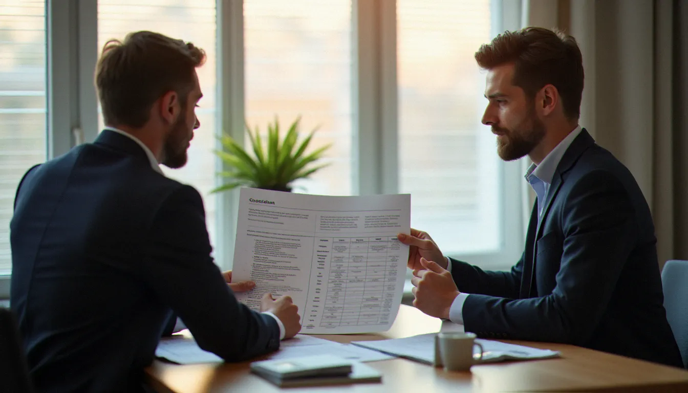 Comparaison de garanties d'assurance entre un conseiller et un client dans un bureau moderne en France
