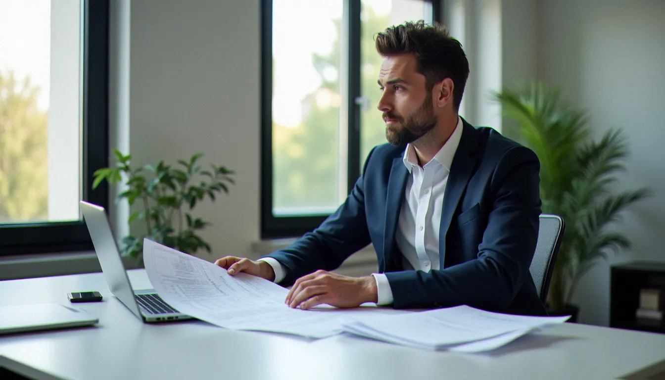Courtier en assurance français consultant une liste de contrats d'assurances France sur son bureau parisien