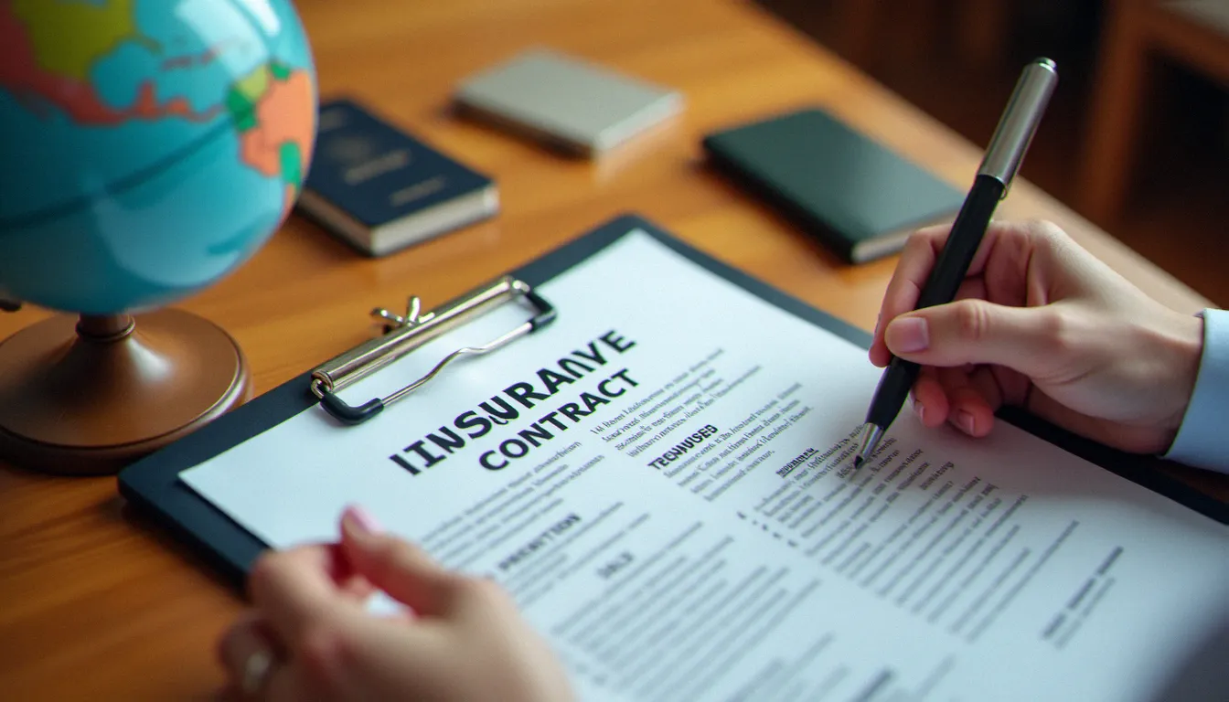 Personne lisant attentivement un contrat d'assurance internationale à son bureau, avec passeport et globe terrestre, représentant la vérification des garanties d'une assurance sans frontières