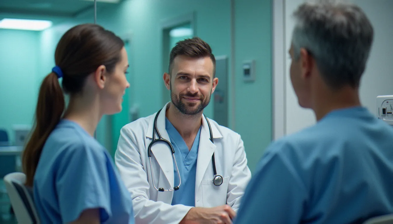 Médecin consultant un patient étranger dans un hôpital moderne à l'international, illustrant la couverture médicale assurée par une assurance sans frontières