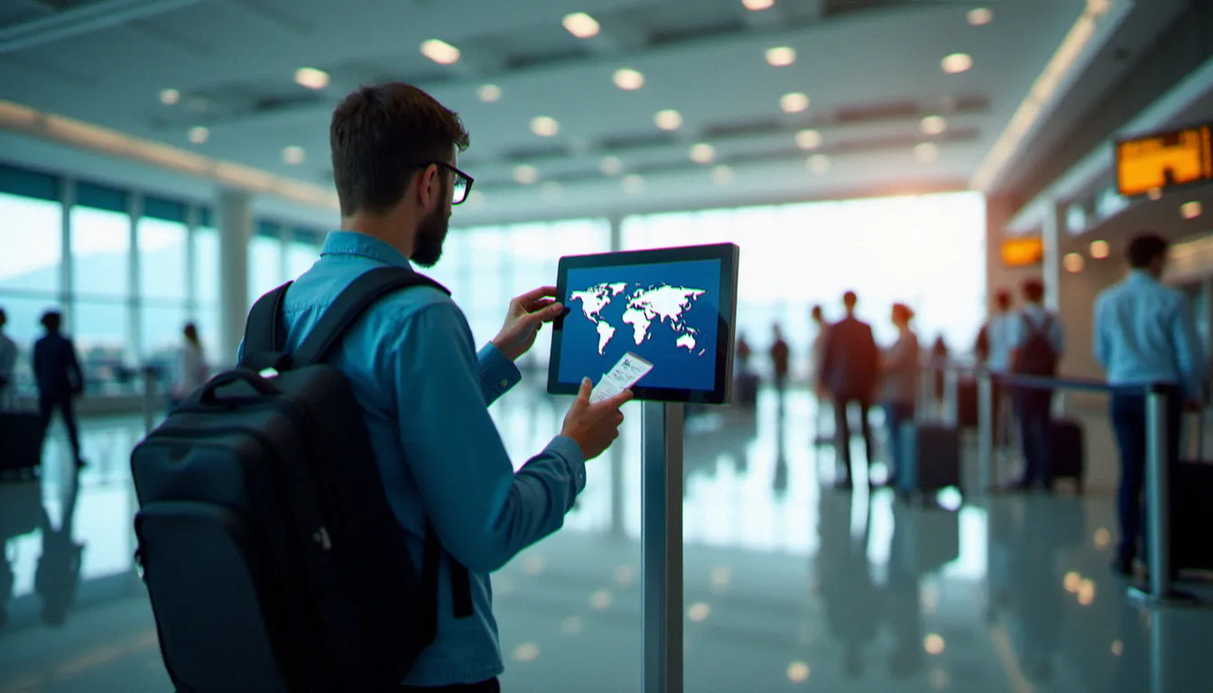 Voyageur en partance à l'aéroport tenant une carte d'embarquement, illustrant le besoin d'assurances sans frontières pour les déplacements internationaux
