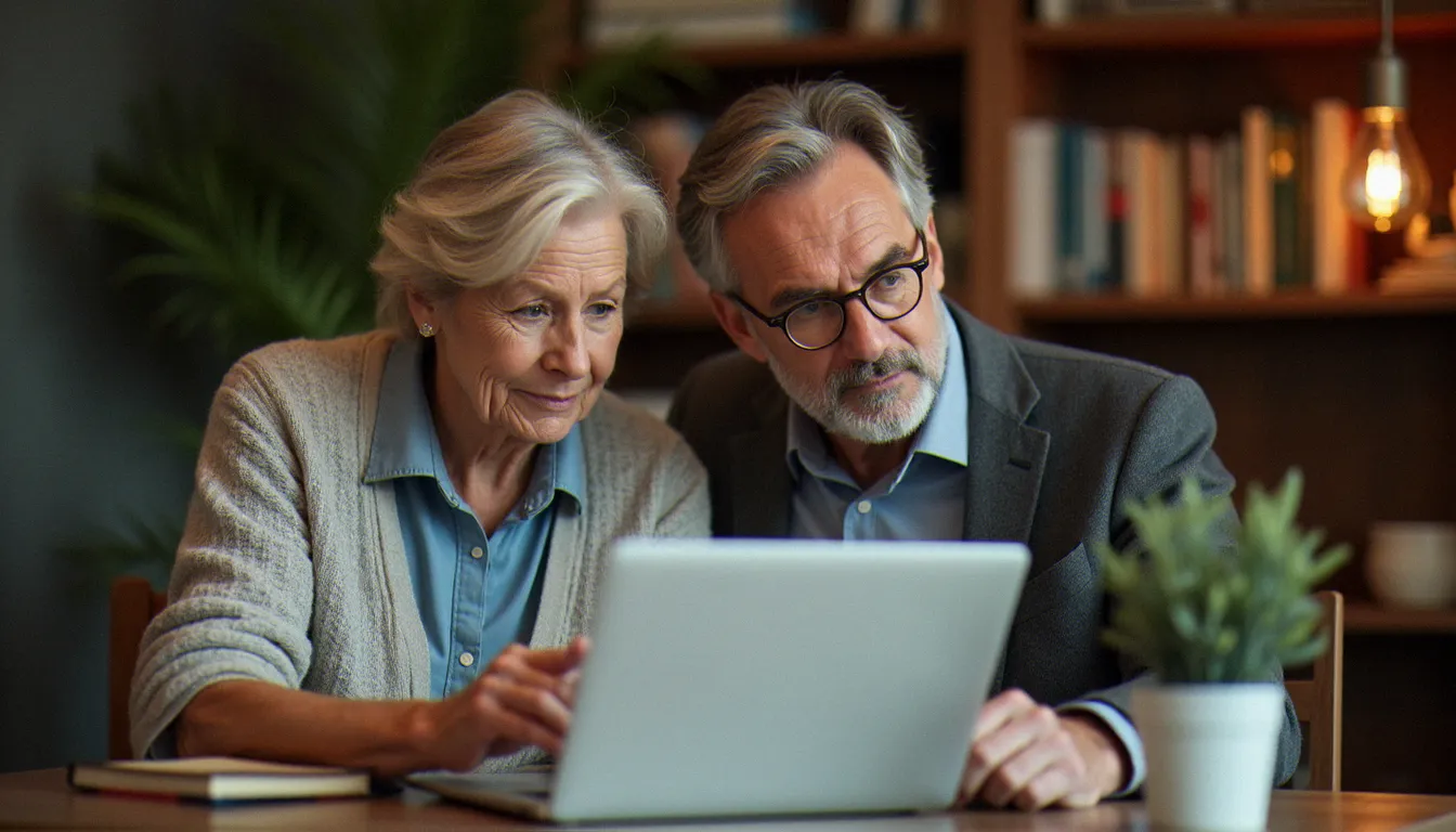 Un couple de seniors consulte ses relevés d'assurance vie sur un ordinateur portable, dans un contexte de questionnement sur la sécurisation de leur épargne