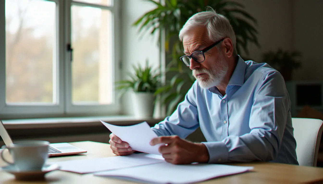 Un homme d'une cinquantaine d'années examine des documents d'assurances vie à son bureau, illustrant la question des assurances vie en danger