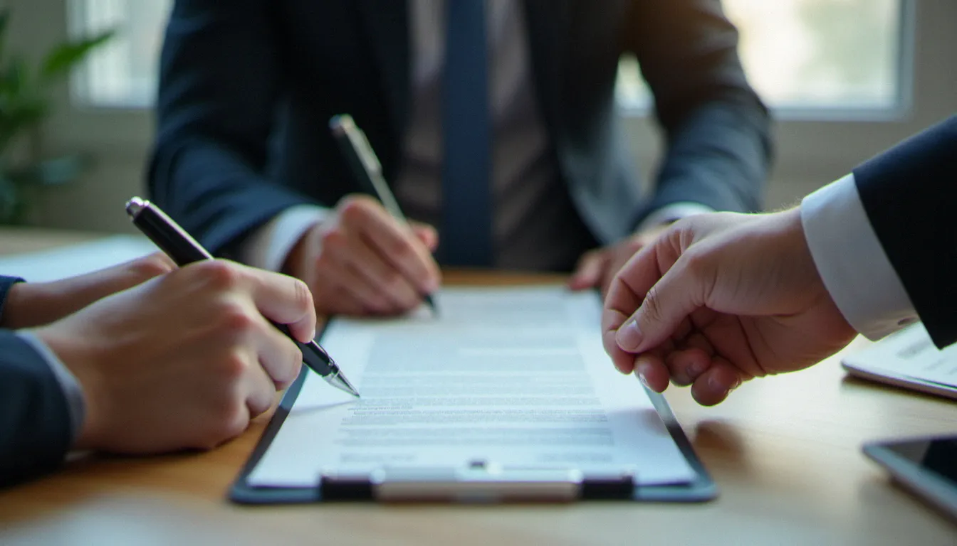 Un conseiller en assurance remettant un contrat finalisé à un client, illustrant la souscription d'une assurance vie danger