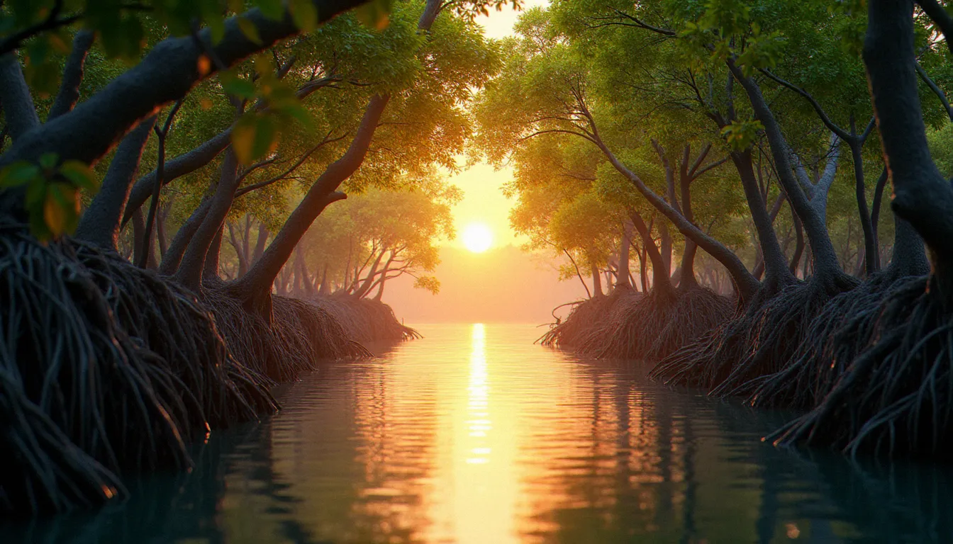 Forêt de mangroves côtière au lever du soleil illustrant le rôle des écosystèmes naturels dans la réduction des risques couverts par l'assurance