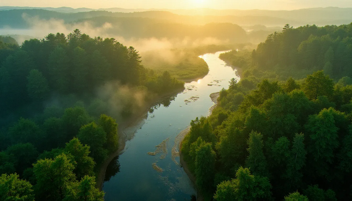 Vue aérienne d'une forêt verdoyante et de zones humides illustrant les enjeux de biodiversité liés à cnp assurances biodiversité