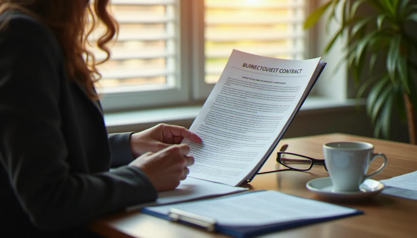 Particulier vérifiant les clauses d'un contrat d'assurance souscrit via un courtier comme De Biolley Assurances