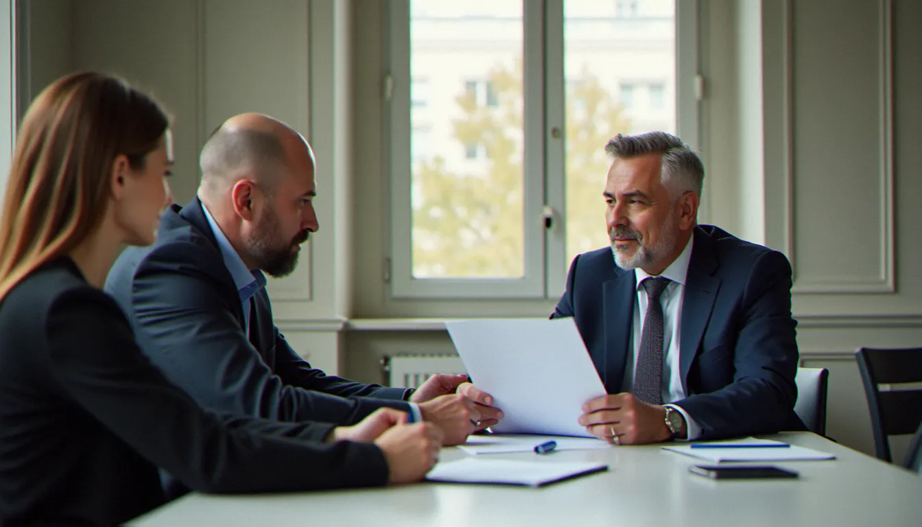 Courtier en assurances De Biolley présentant un contrat à ses clients dans un bureau professionnel parisien