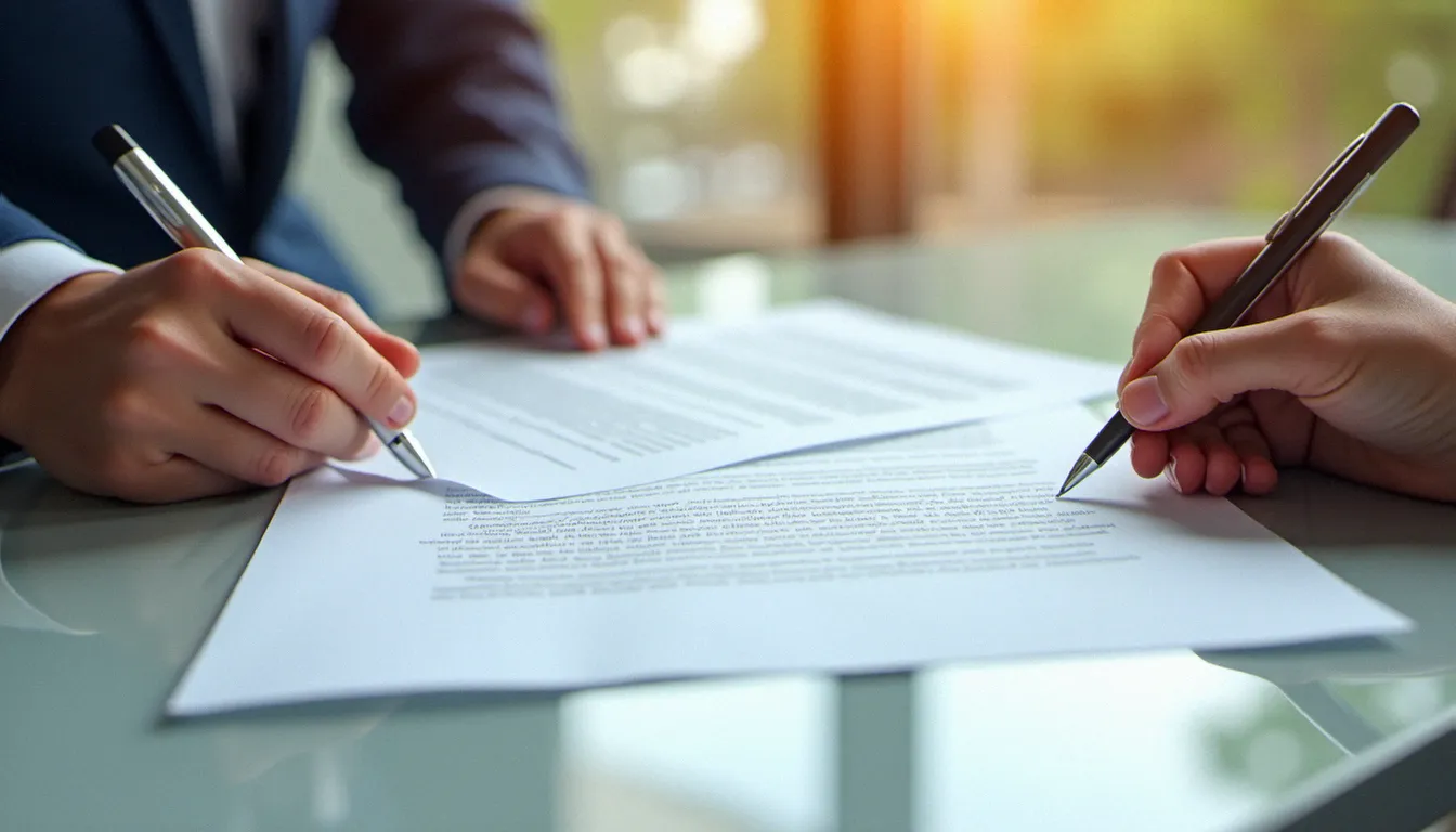 Deux mains comparant les niveaux de couverture de contrats d'assurance auto posés côte à côte sur une table grise