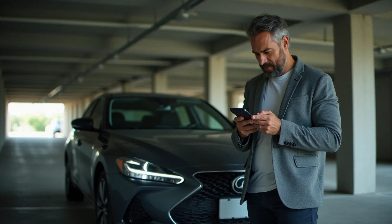 Conducteur consultant son smartphone pour calculer le coût de son assurance auto à côté de sa voiture dans un parking urbain