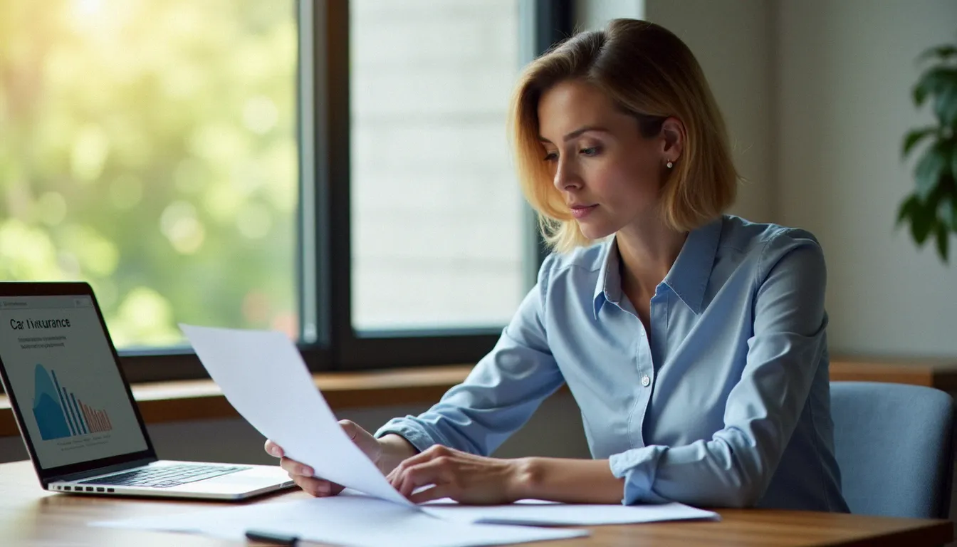 Comparaison des meilleures assurances auto sur ordinateur portable, documents de contrat posés sur un bureau en bois, lumière naturelle