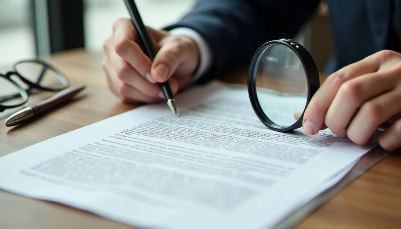 Mains tenant une loupe au-dessus d'un contrat d'assurance habitation pour en analyser les détails et petits caractères