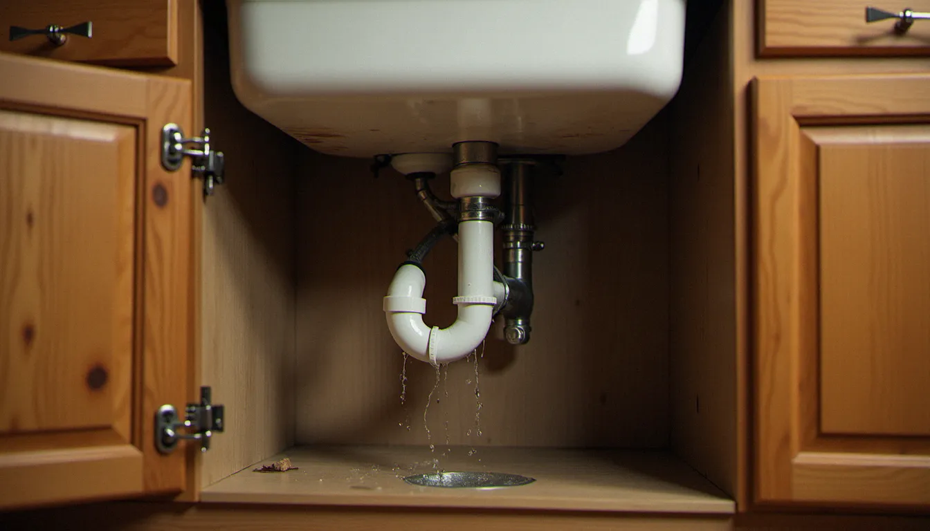 Dégât des eaux sous un évier de cuisine avec fuite visible et dommages sur le meuble en bois, sinistre couvert par l'assurance habitation