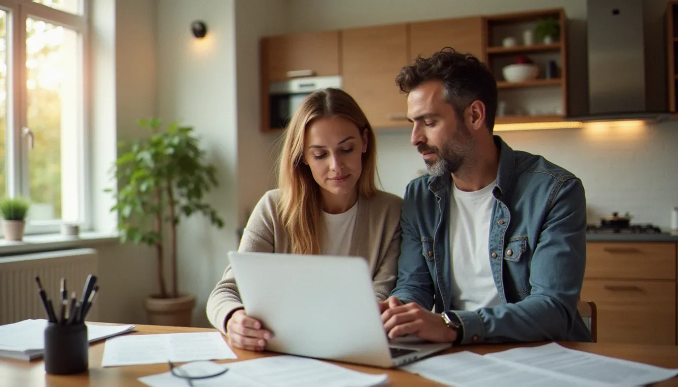 Un couple examinant des contrats d'assurances habitation sur un ordinateur portable dans un appartement lumineux, illustration des meilleures assurances habitation disponibles