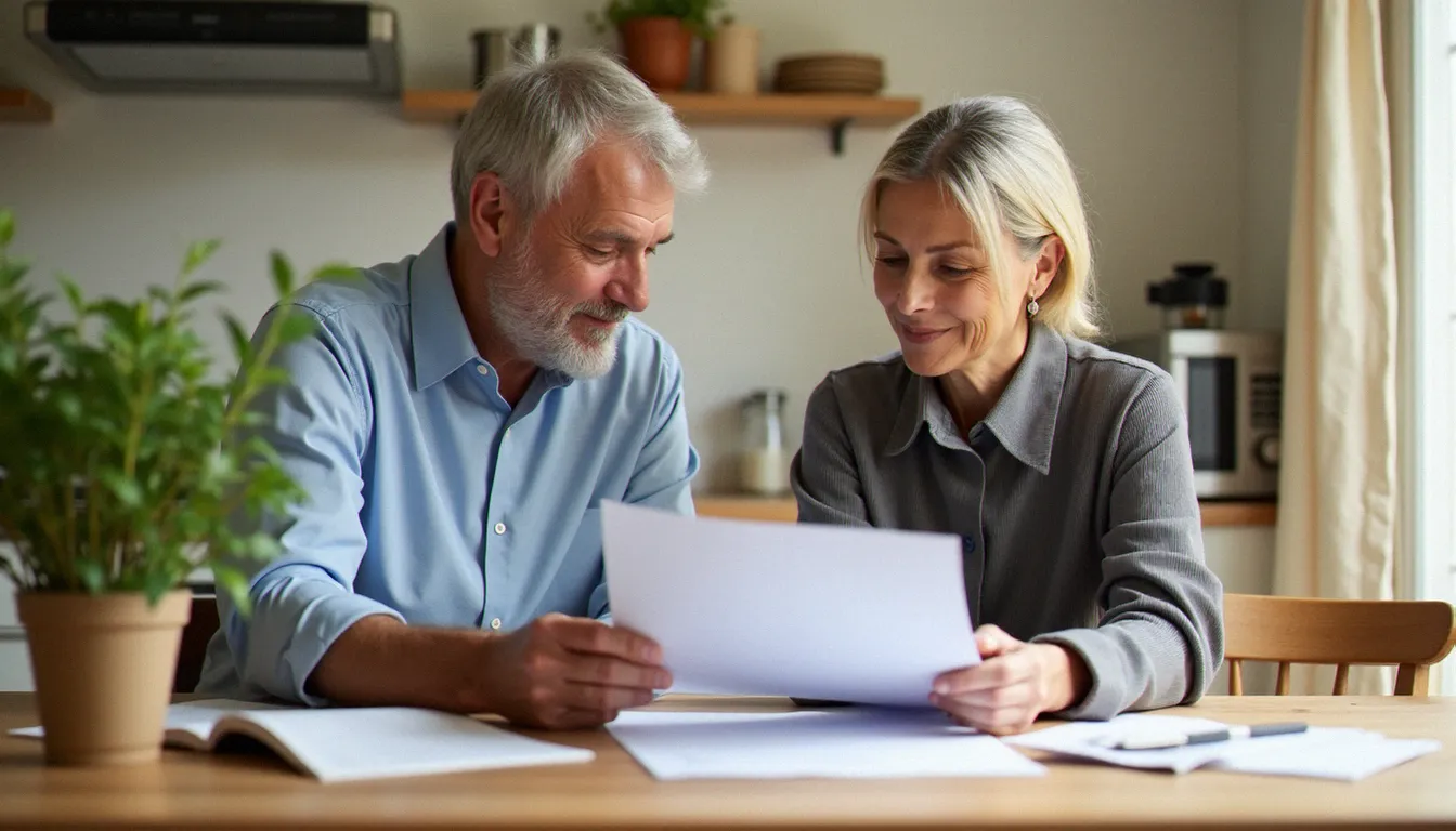 Un couple d'une cinquantaine d'années examine ensemble leurs documents d'assurance vie à la maison, représentant la sélection du contrat adapté à leur profil