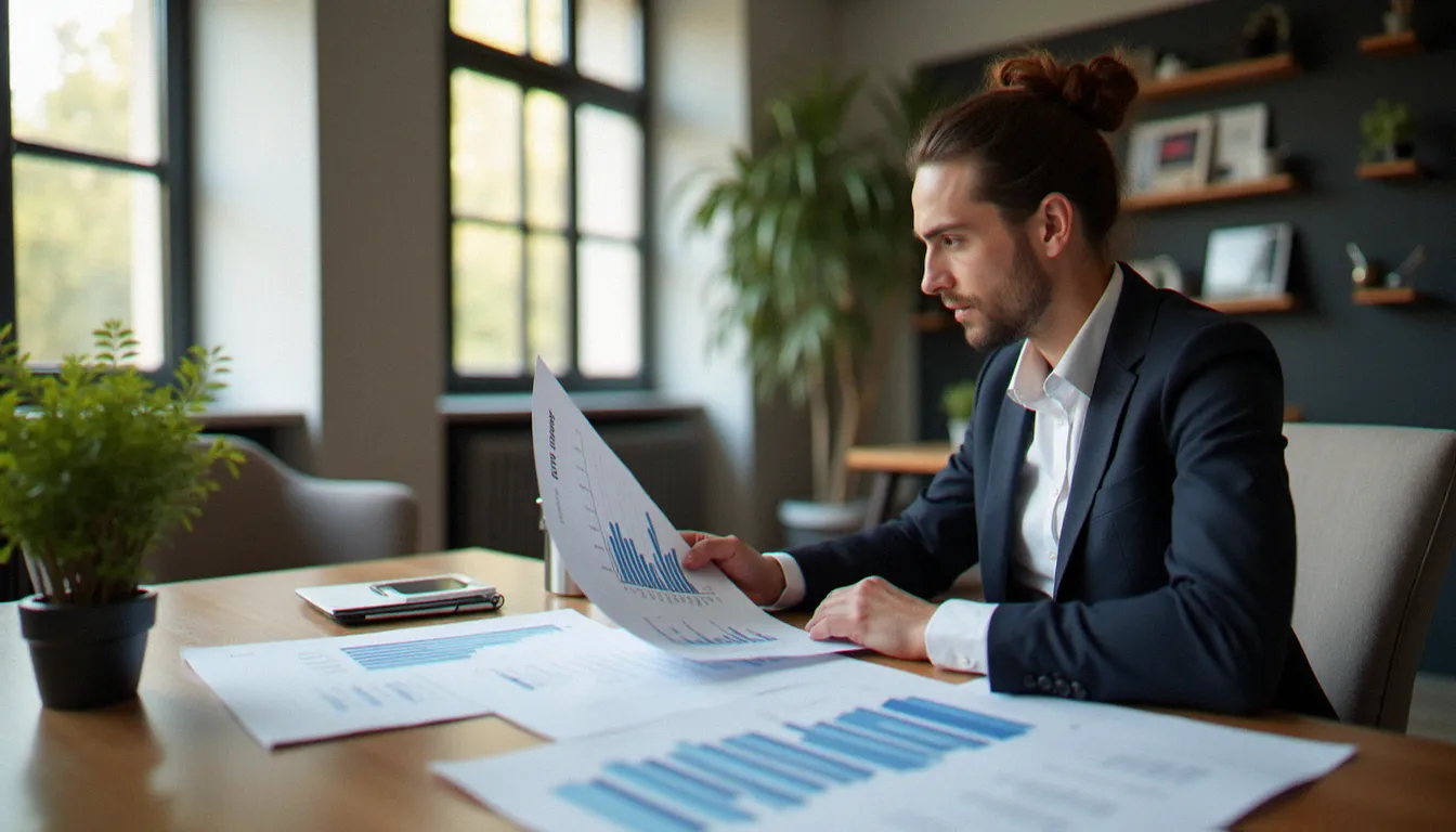 Conseiller financier examinant des contrats d'assurance vie dans un bureau parisien moderne, illustrant la comparaison des meilleures assurances vie