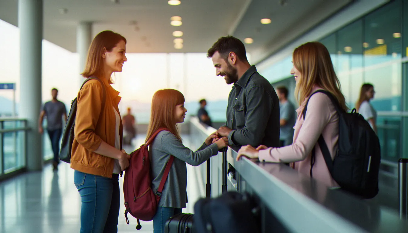 Famille avec enfants à l'aéroport, sereine grâce à une assurance voyage adaptée à leur profil
