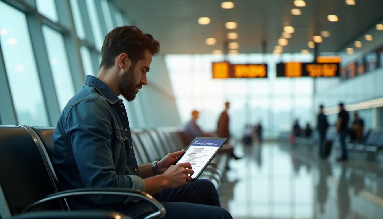 Voyageur consultant les meilleures assurances voyage sur une tablette dans un aéroport international
