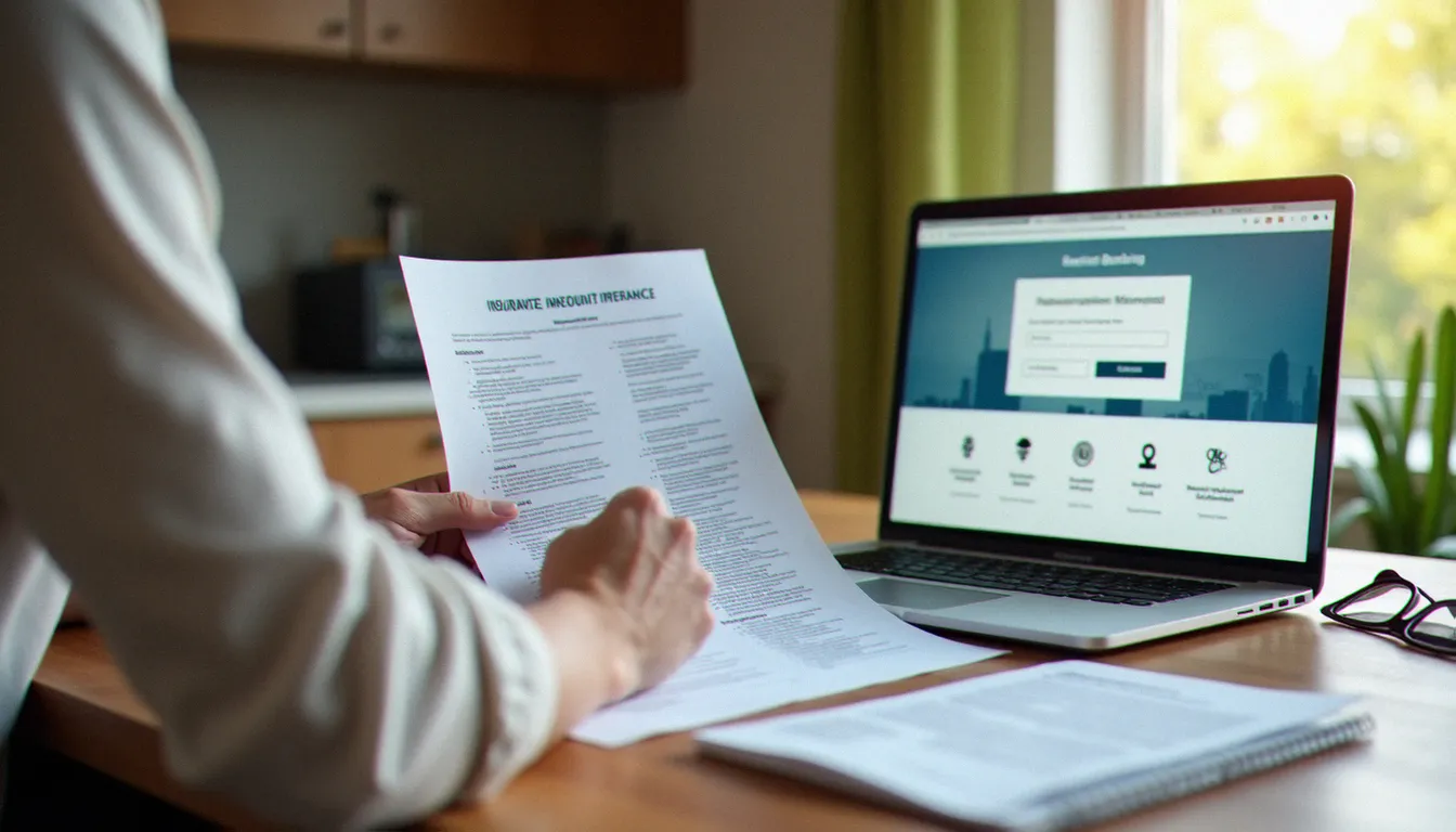 Personne consultant ses garanties d'assurance carte bancaire Mastercard sur des documents officiels à domicile
