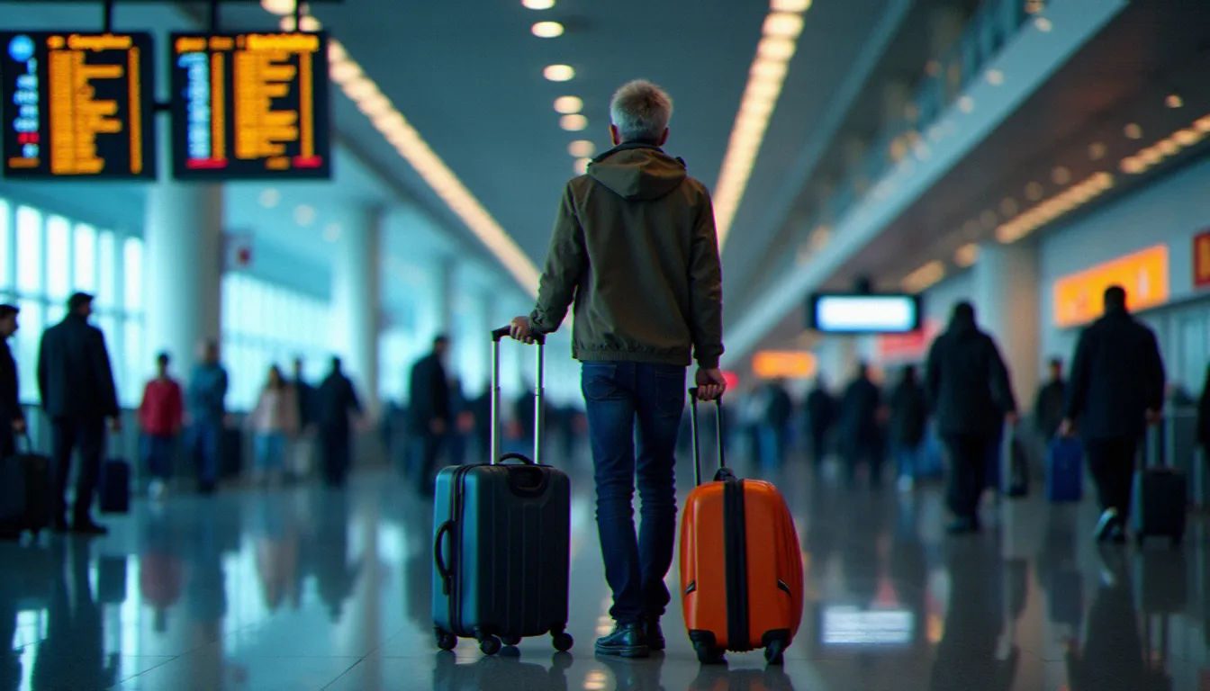 Voyageur en aéroport face à un tableau d'affichage de vols retardés, situation couverte par l'assurance avec Mastercard