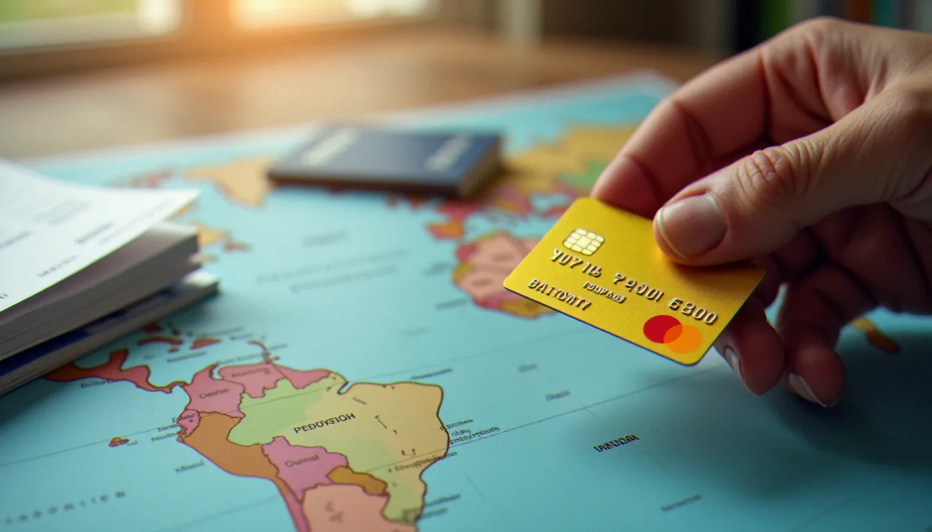 Main tenant une carte bancaire Mastercard dorée devant une carte du monde, symbolisant l'assurance avec Mastercard pour les voyages