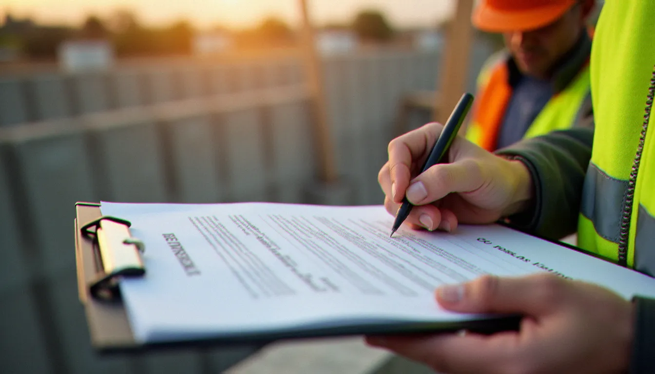Signature d'un contrat d'assurance décennale sur un chantier de construction, document officiel tenu par un professionnel du bâtiment