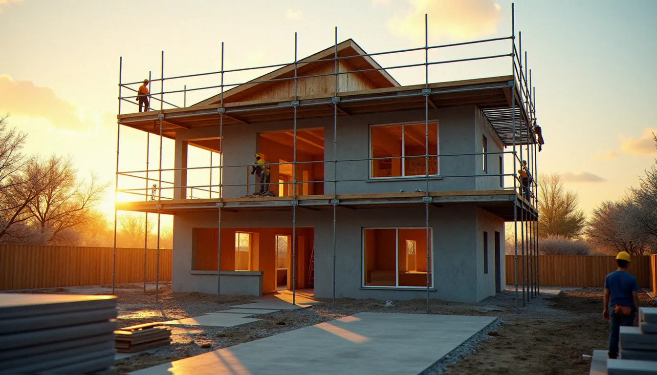 Chantier de construction résidentielle en cours avec échafaudages et ouvriers, illustrant les risques couverts par l'assurance tous risques chantier