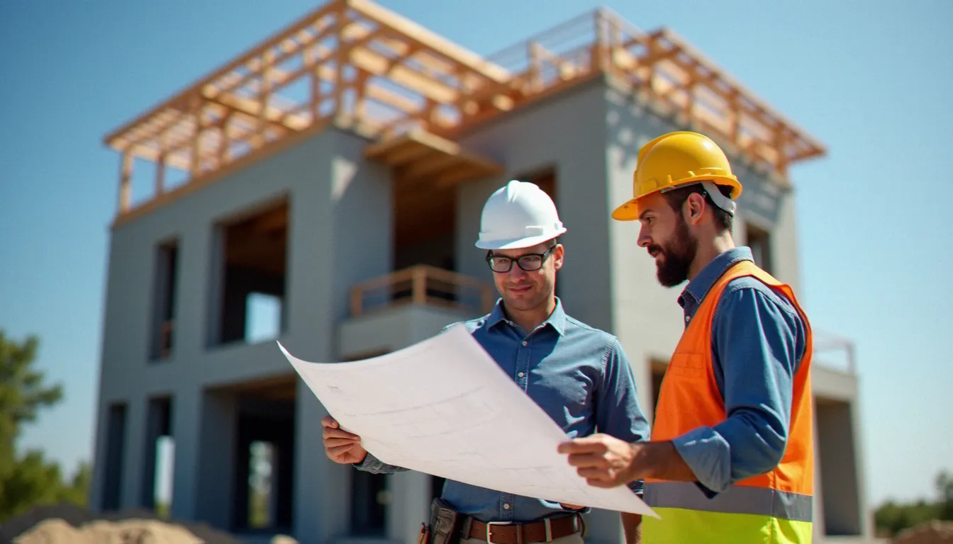 Architecte et maître d'ouvrage examinant les plans d'un chantier de construction, illustrant les enjeux de l'assurance construction