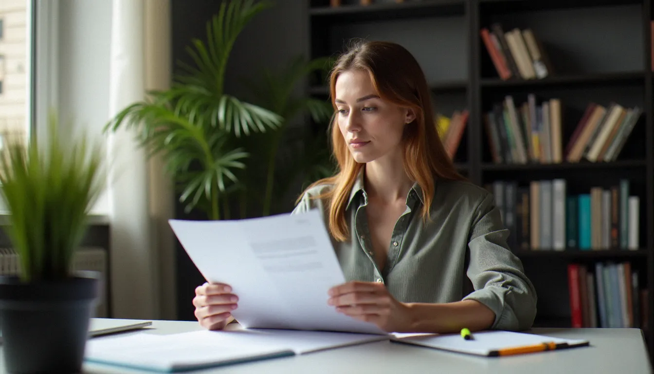 Une emprunteuse analyse attentivement les clauses d'un contrat d'assurance crédit en délégation avant de signer
