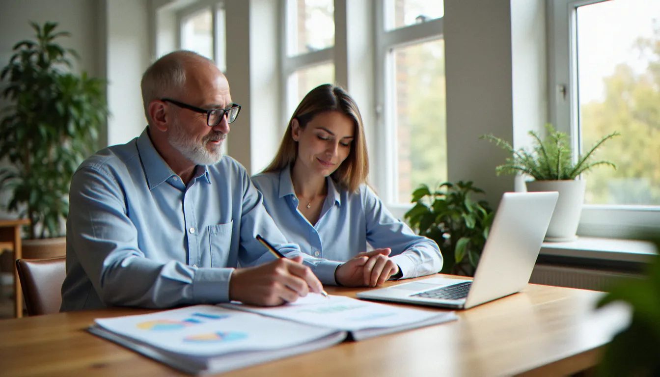Un couple examine un contrat d'assurance crédit à leur domicile, documents et ordinateur posés sur la table