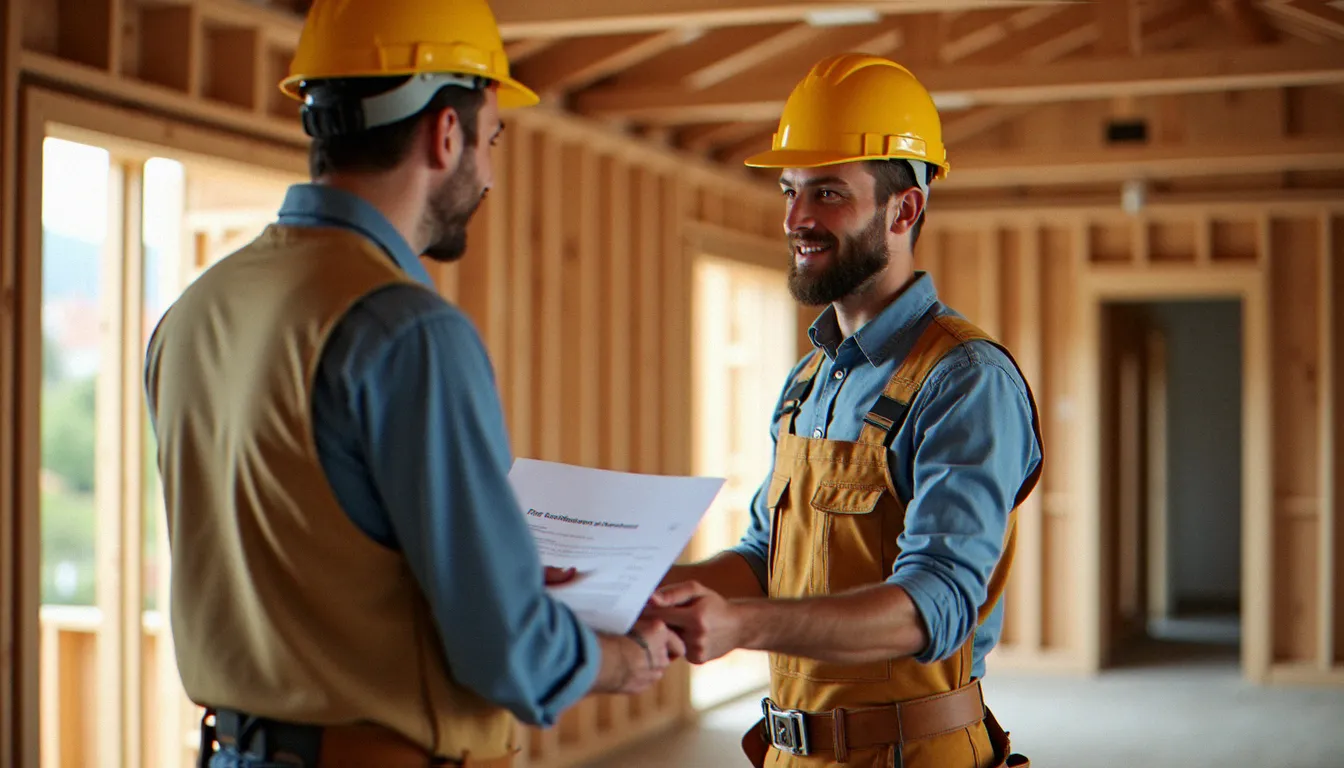 Artisan charpentier remettant son attestation d'assurance décennale à des propriétaires sur un chantier de construction neuve en France