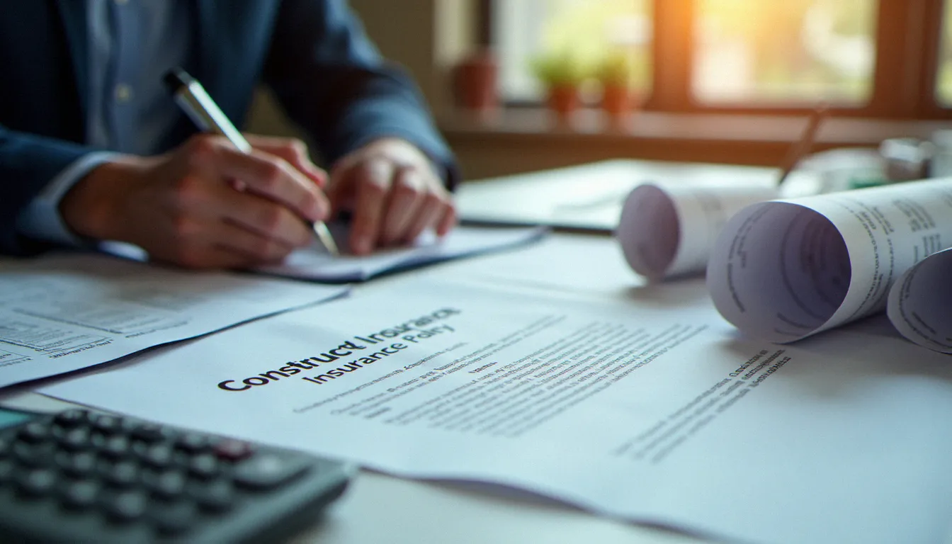 Bureau d'un courtier en assurance avec un contrat d'assurance décennale ouvert, des plans de construction et une calculatrice, illustrant le processus de souscription et de tarification