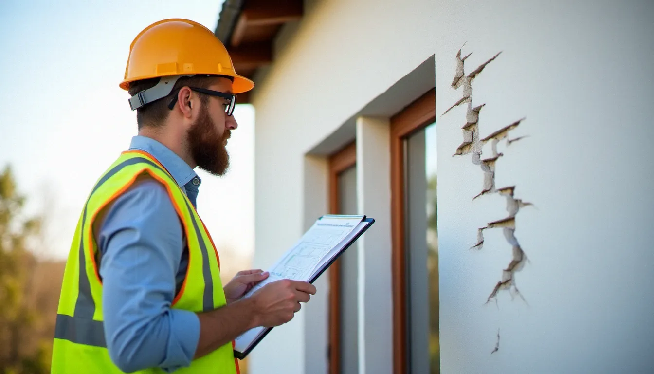 Inspecteur du bâtiment examinant des fissures structurelles sur la façade d'une maison, illustrant le rôle de l'assurance décennale dans la protection contre les dommages de construction