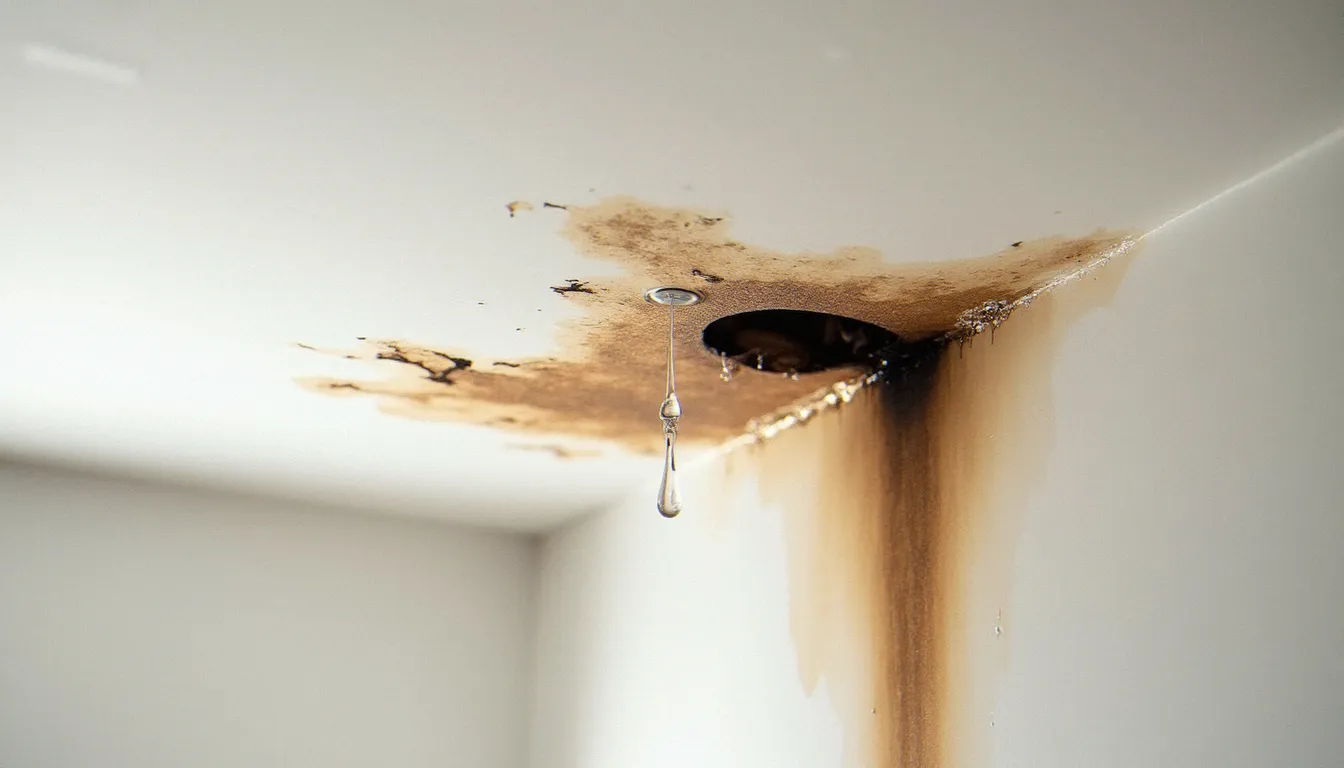 Dégâts des eaux visibles sur un plafond d'appartement, sinistre couvert par la garantie dégâts des eaux de l'assurance habitation