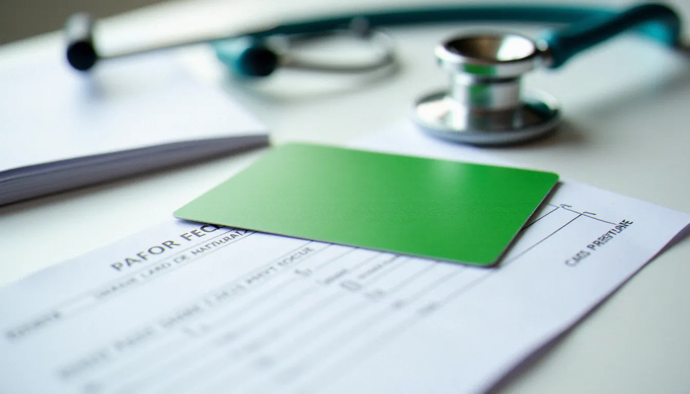 Carte Vitale française posée sur un bureau blanc à côté d'un stéthoscope, symbolisant le remboursement de l'assurance maladie