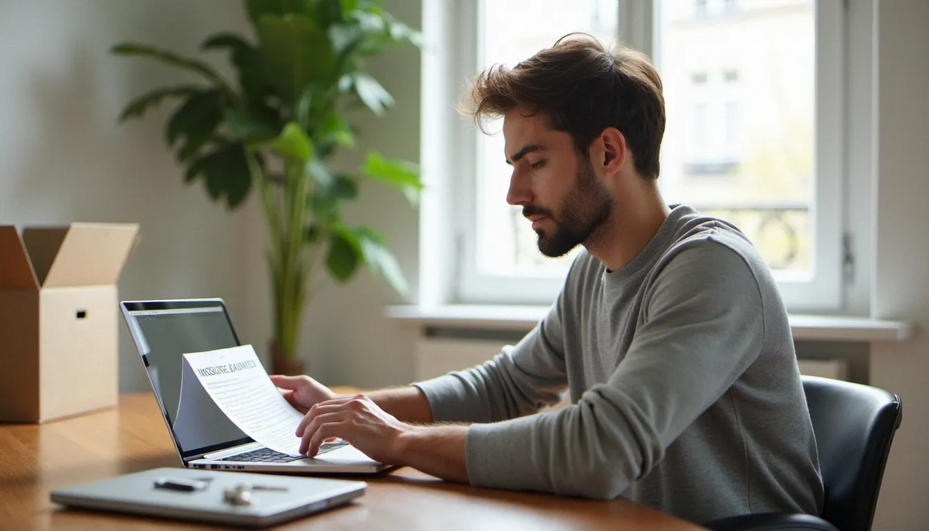 Un jeune homme soulagé consulte son contrat d'assurance sans payer de suite sur son ordinateur, avec des clés d'appartement posées sur le bureau