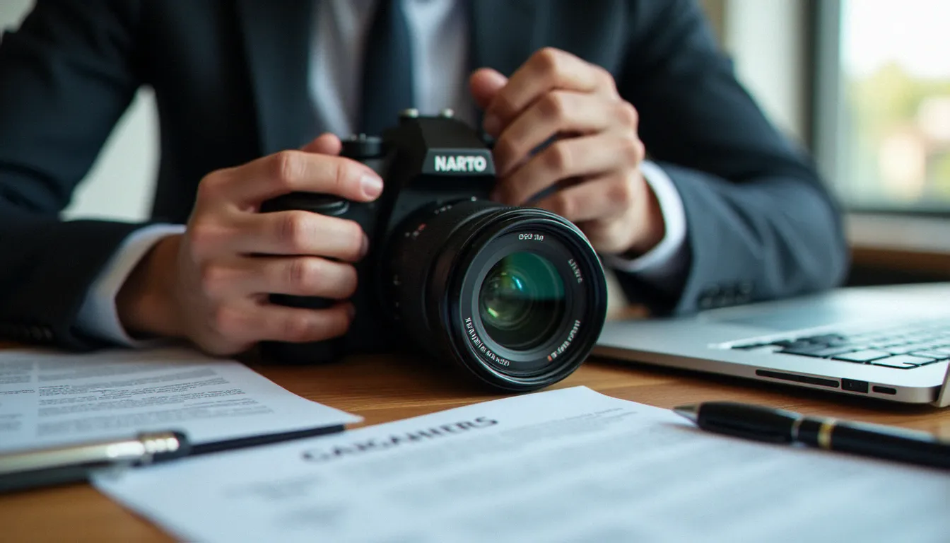 Photographe professionnel examinant son appareil photo reflex et ses objectifs à côté de documents d'assurances Gaillard photos
