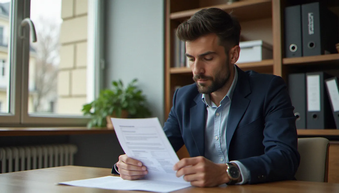Courtier en assurances Pacifica étudiant un contrat d'assurance dans un bureau parisien moderne