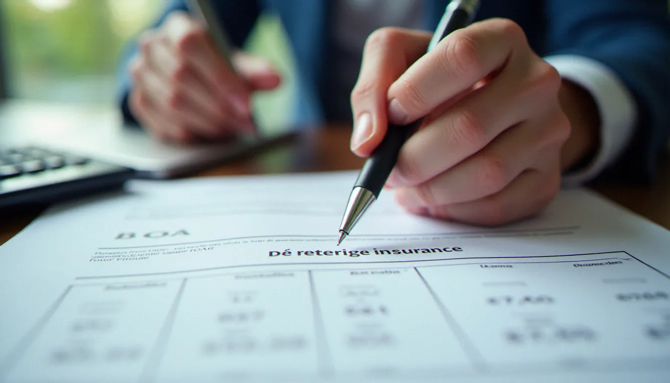 Mains tenant un stylo au-dessus d'un contrat d'assurance avec des devis comparatifs, représentant le processus de choix du prix d'une assurance obsèques