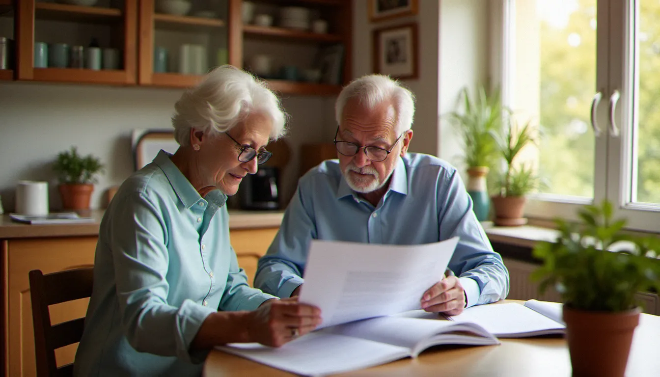 Un couple de seniors examinant des documents d'assurance obsèques à table, illustrant la démarche de comparaison des prix assurances obsèques