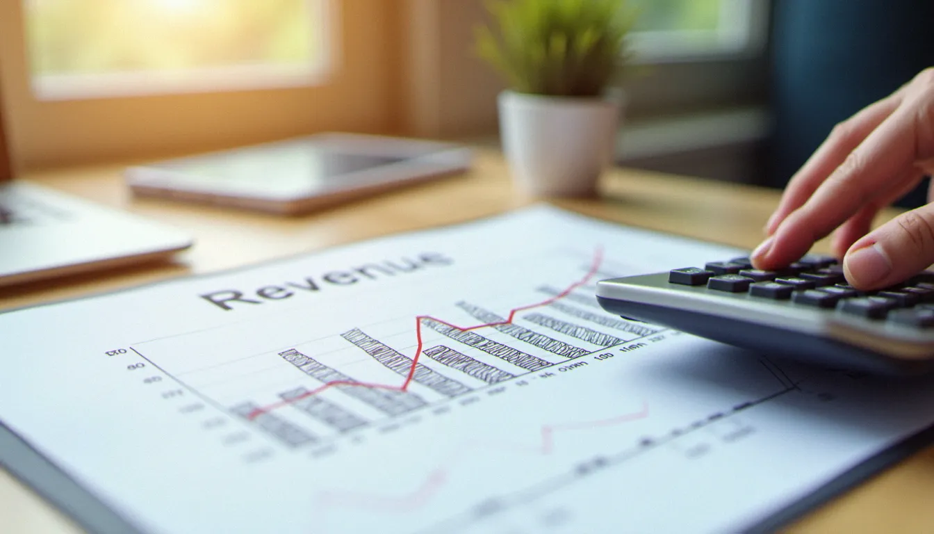 Main tenant d'une calculatrice à côté d'un graphique de recette avec un trou de CA représentant la période d'arrêt d'activité