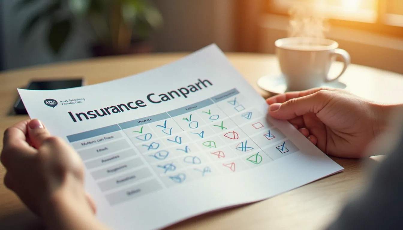Mains comparant un tableau de garanties d'assurance auto à la maison, ambiance chaleureuse