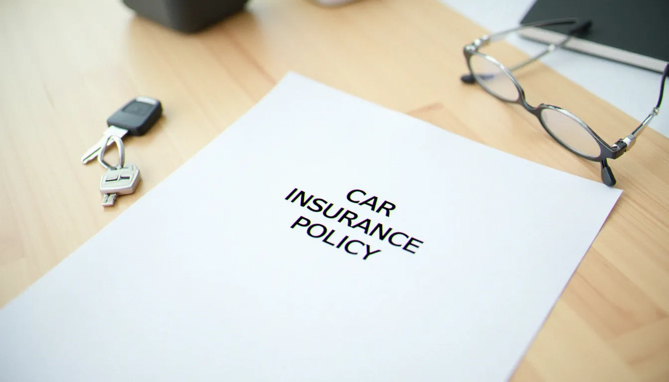 Contrat d'assurances auto ouvert sur un bureau en bois clair, accompagné d'une clé de voiture et de lunettes, éclairage naturel