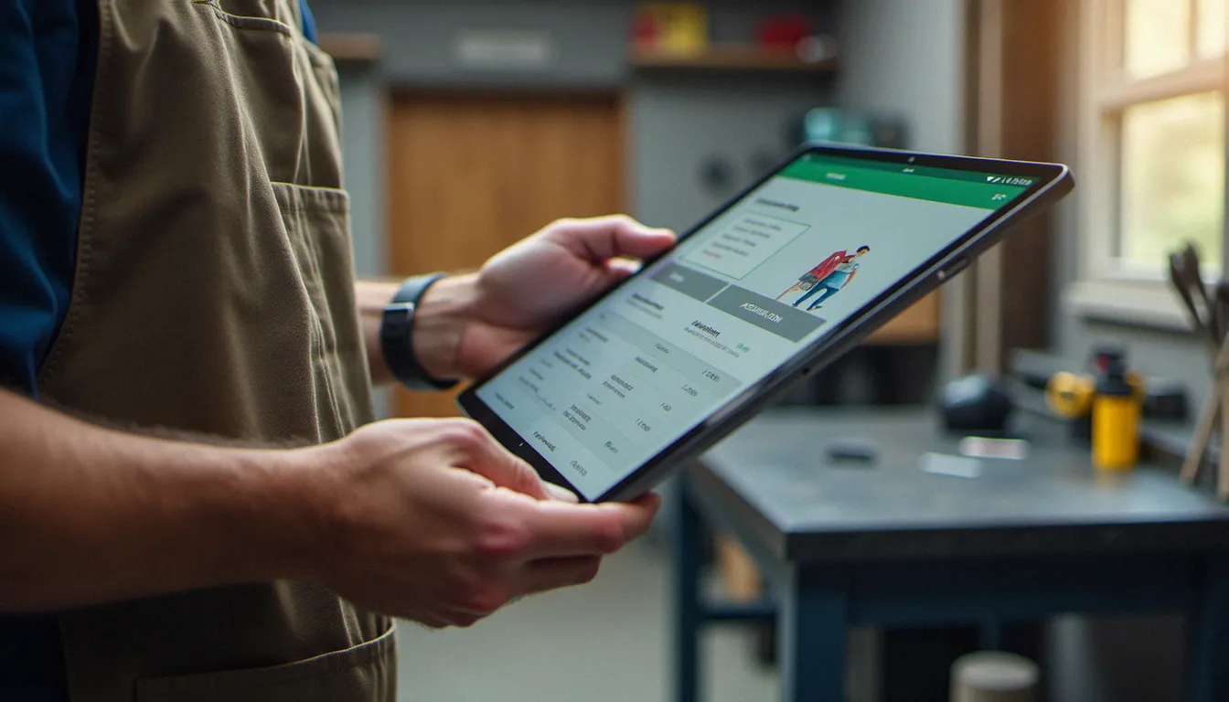 Un artisan compare des contrats d'assurance sur une tablette dans son atelier