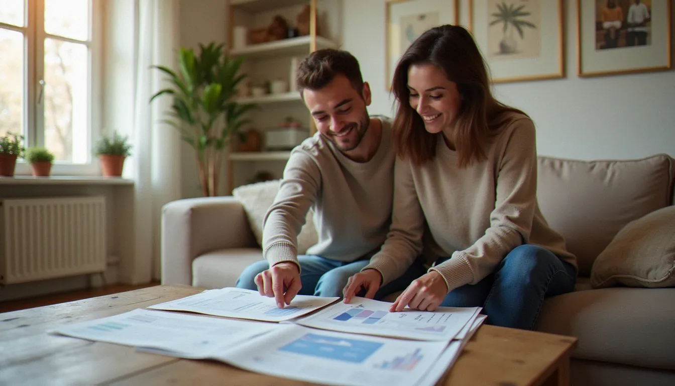 Un couple consulte des documents d'assurances France sur une table basse dans un salon lumineux