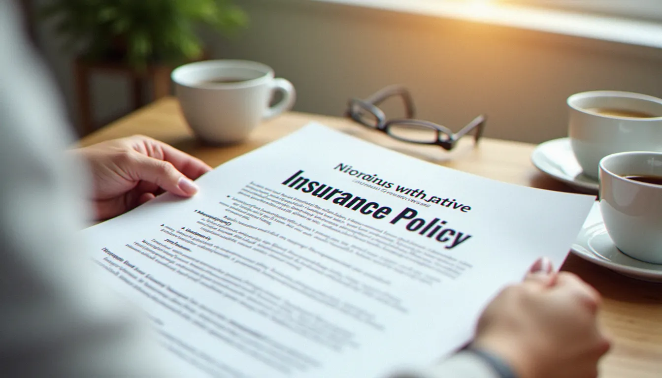 Mains tenant une police d'assurance habitation posée sur une table de cuisine, document en cours de lecture