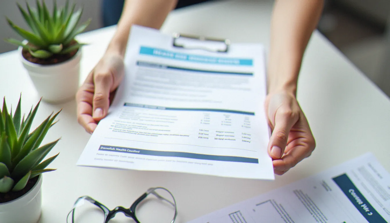 Mains tenant un contrat d'assurance maladie ouvert sur un bureau clair, avec une plante en pot à l'arrière-plan
